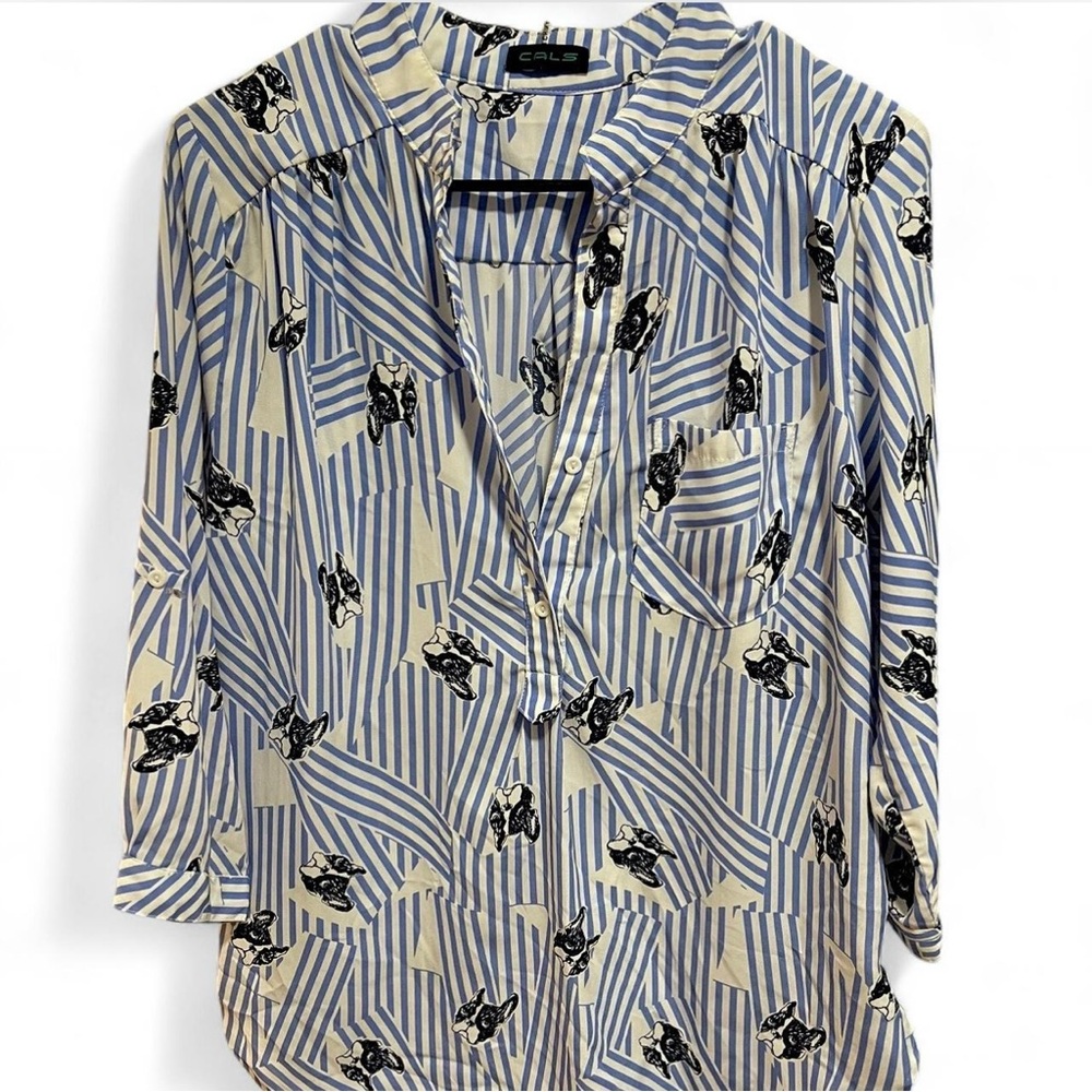 Vintage Cals Blue Striped Dog Print Women's Top Button Down